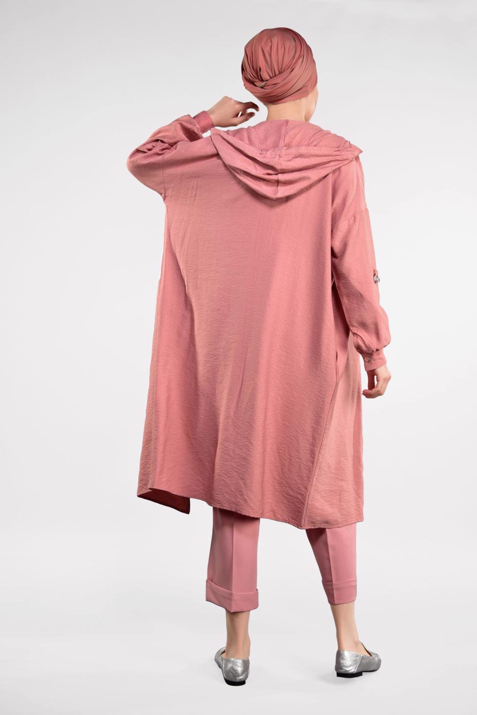 Tesettür giyim PEMBE FERMUARLI KAPÜŞONLU TRENÇKOT 41191