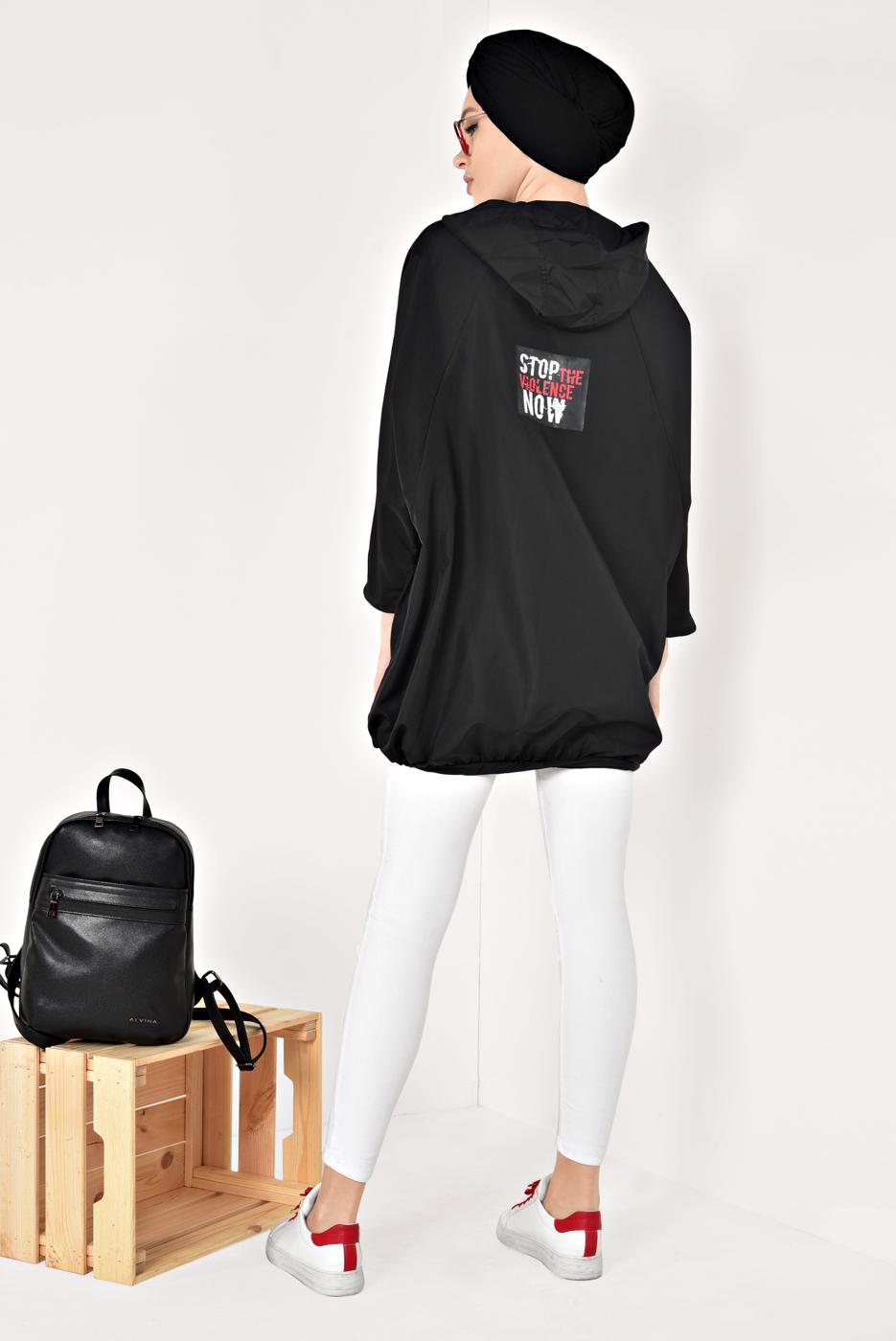 Hijab clothing BLACK HOODED PRINTED RAINCOAT 4203-2 