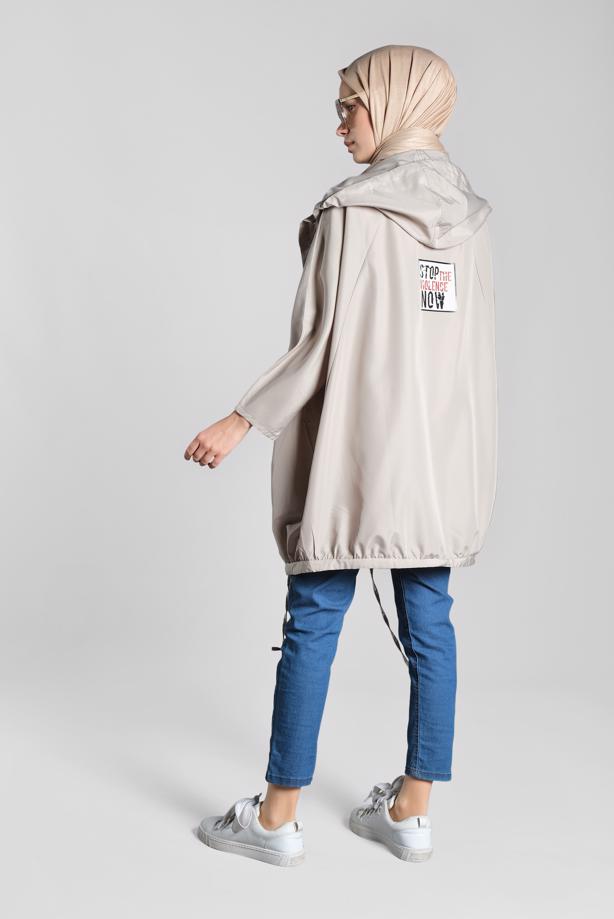 Tesettür giyim  ETEK UCU BAĞCIKLI BASKI DETAYLI YAĞMURLUK T 4203-2 - TRENDTESETTÜR