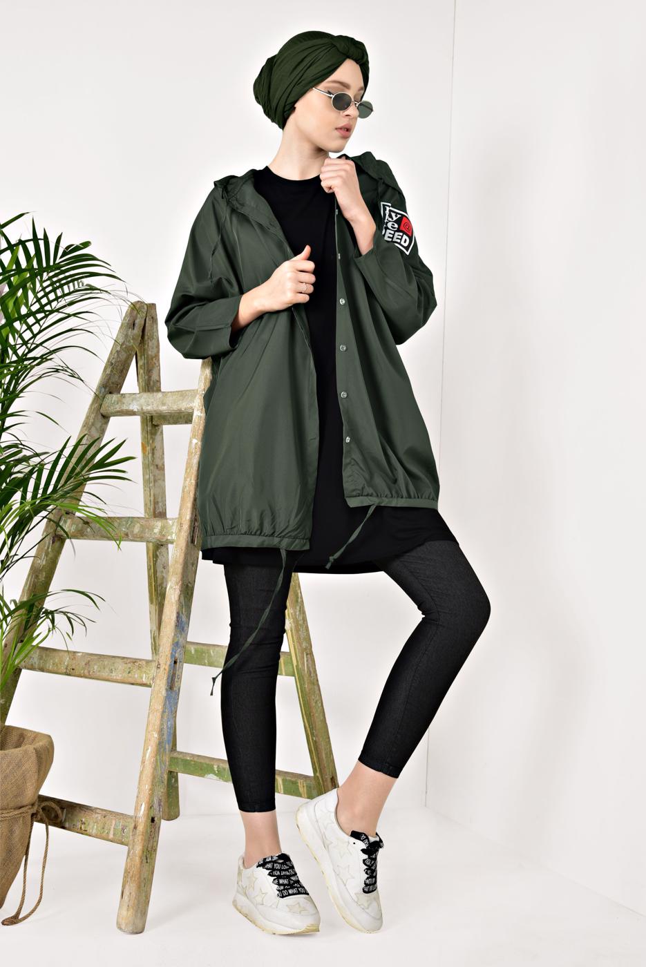 Hijab clothing KHAKI HOODED PRINTED RAINCOAT 4203-2 