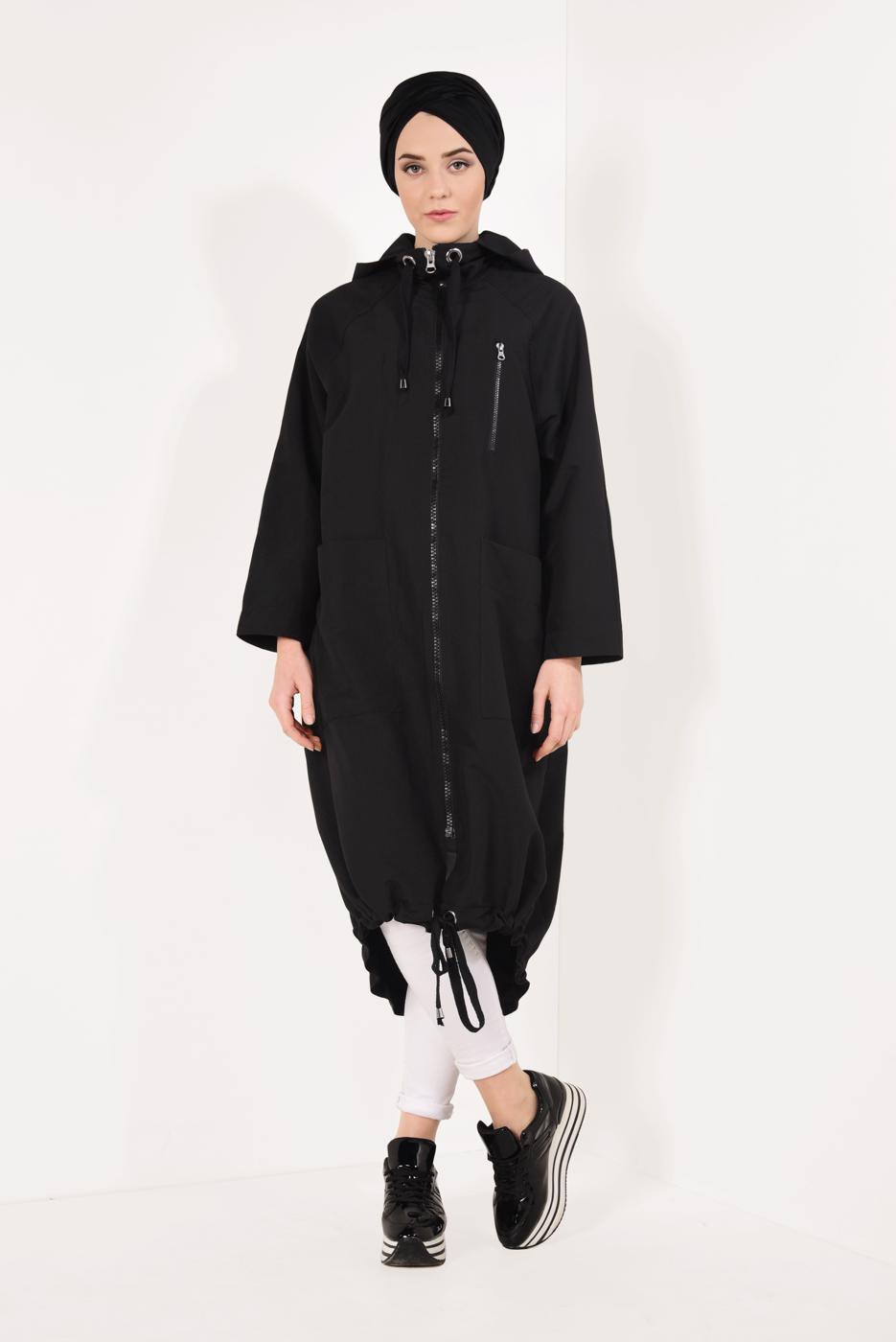 Tesettür giyim SİYAH FERMUARLI VE KAPÜŞONLU TRENÇKOT T 21044