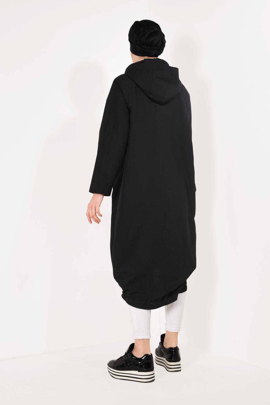Tesettür giyim SİYAH FERMUARLI VE KAPÜŞONLU TRENÇKOT T 21044