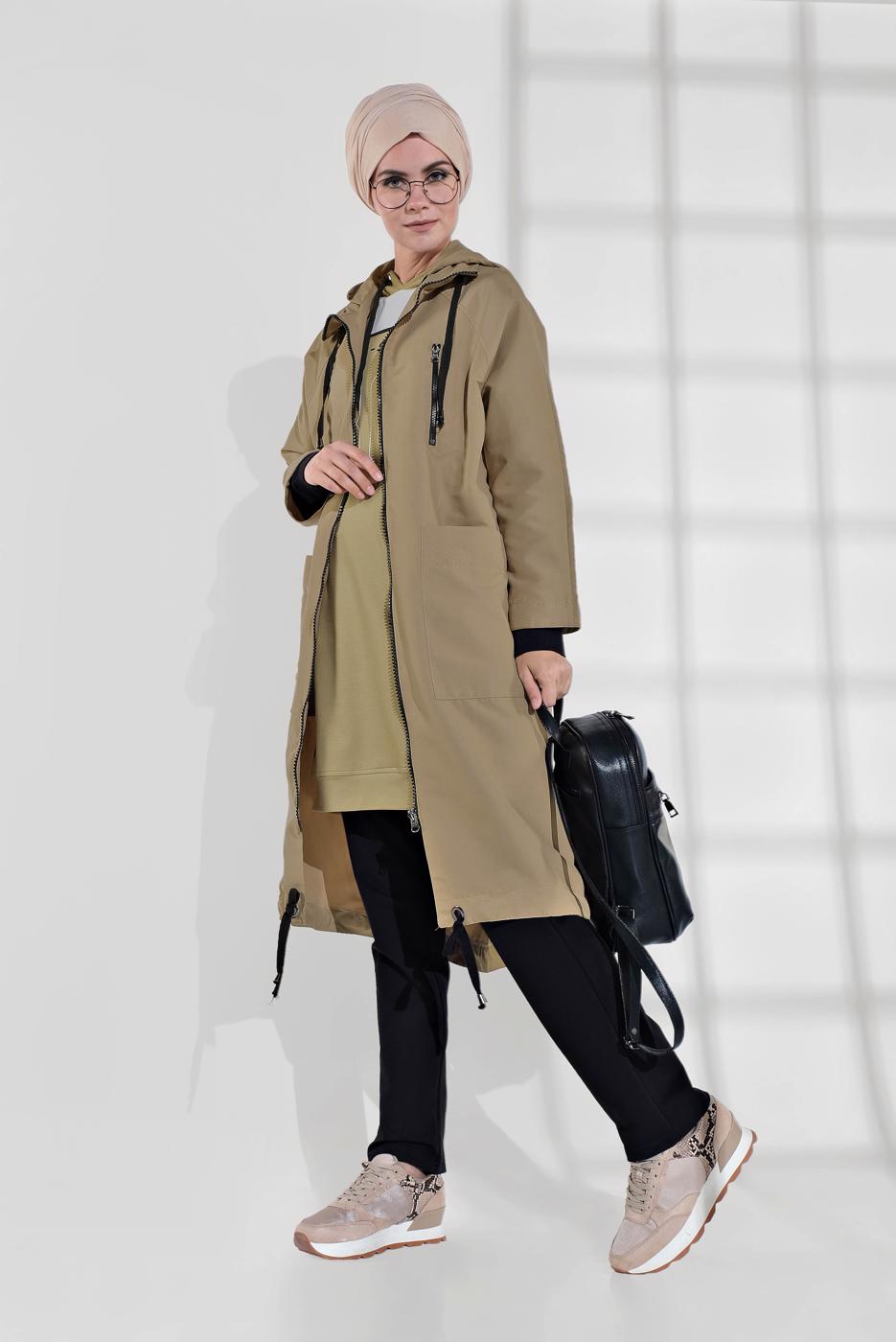 Hijab clothing BEIGE HOODED ZIPPED TRENCH-COAT 21044  