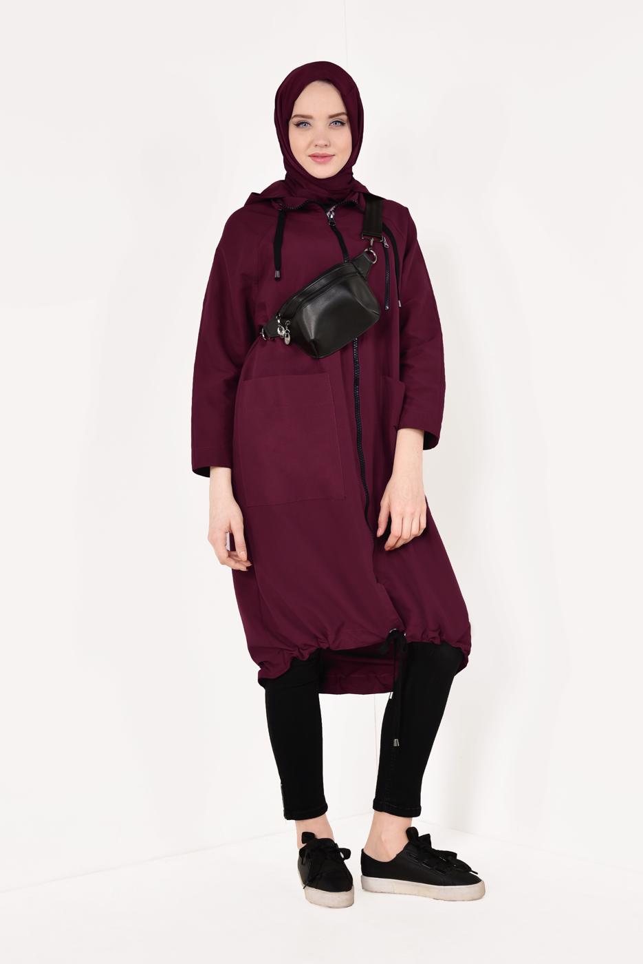 Tesettür giyim BORDO FERMUARLI VE KAPÜŞONLU TRENÇKOT T 21044
