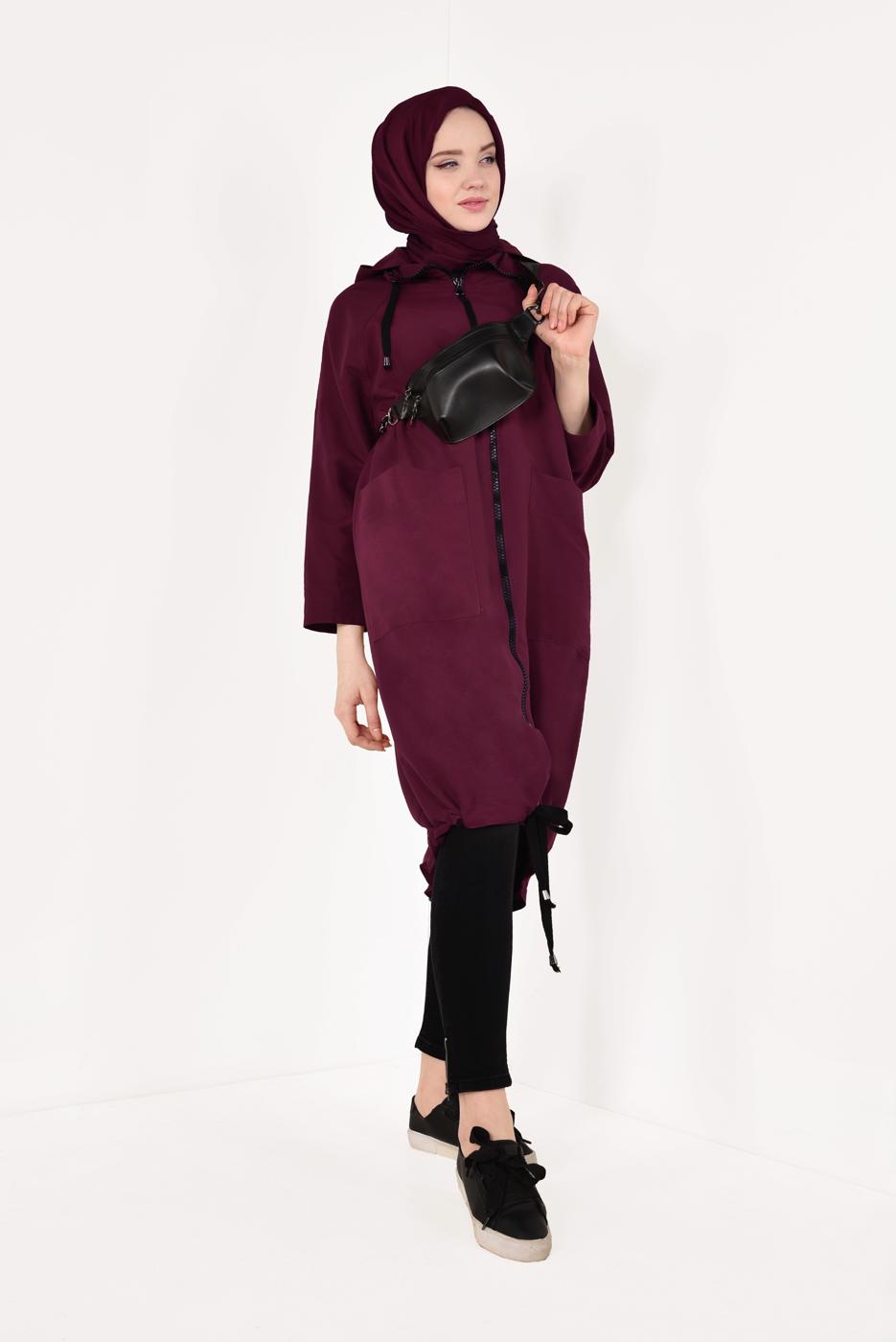 Tesettür giyim BORDO FERMUARLI VE KAPÜŞONLU TRENÇKOT T 21044