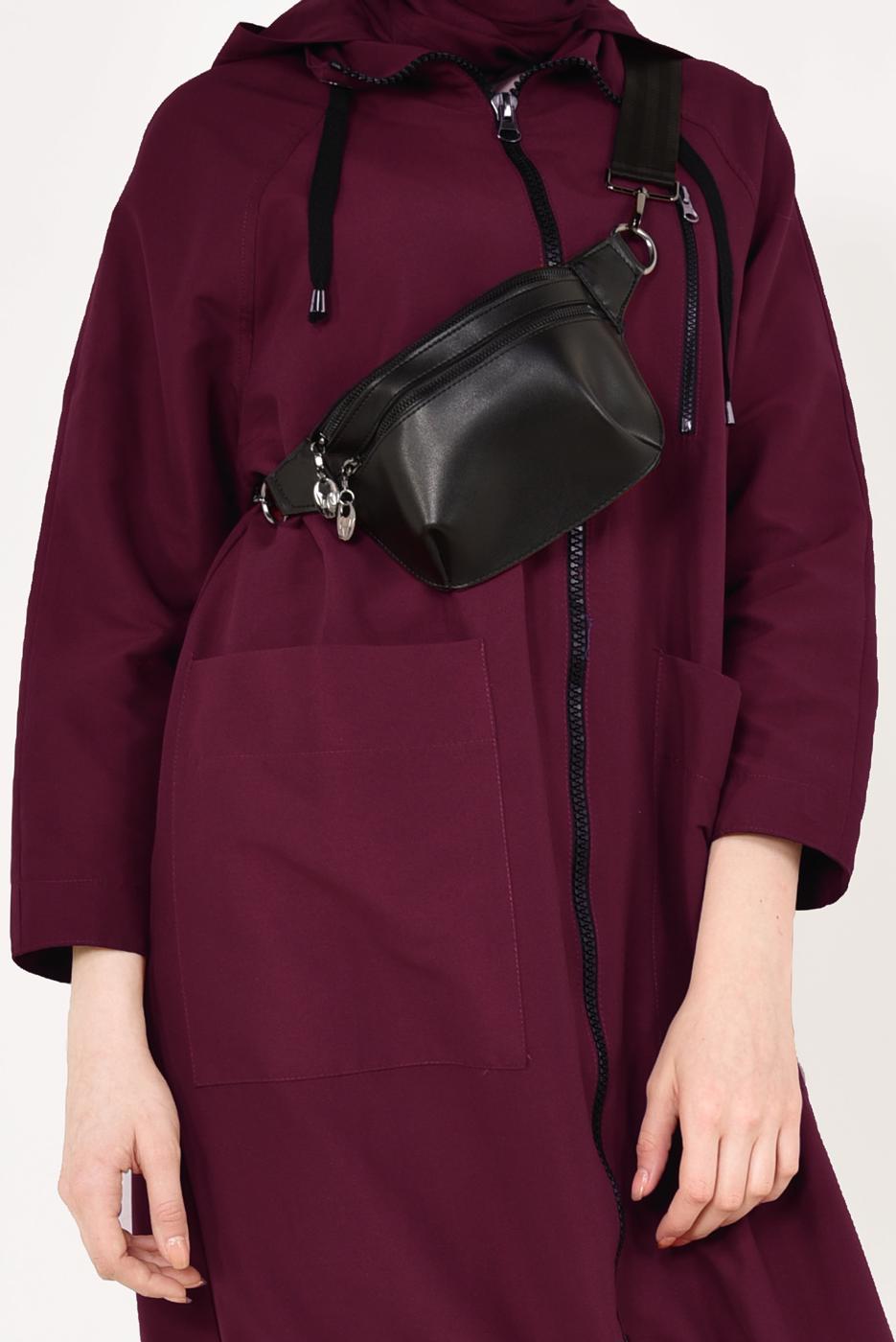 Tesettür giyim BORDO FERMUARLI VE KAPÜŞONLU TRENÇKOT T 21044
