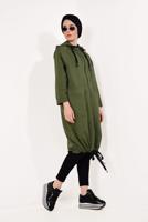Tesettür giyim HAKİ FERMUARLI VE KAPÜŞONLU TRENÇKOT T 21044	
