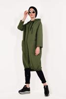 Tesettür giyim HAKİ FERMUARLI VE KAPÜŞONLU TRENÇKOT T 21044	