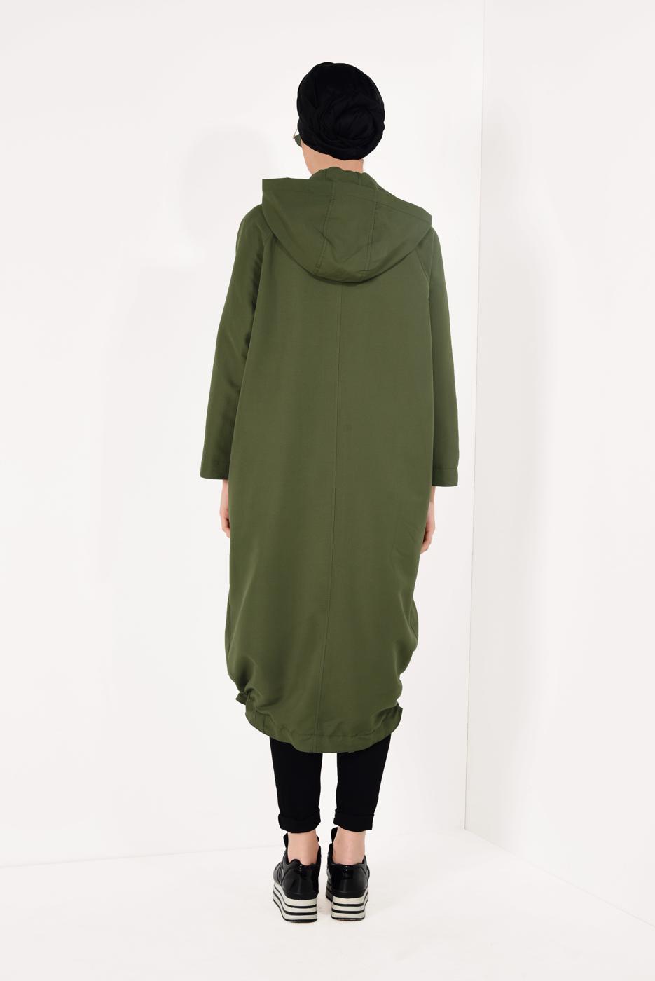 Tesettür giyim HAKİ FERMUARLI VE KAPÜŞONLU TRENÇKOT T 21044	