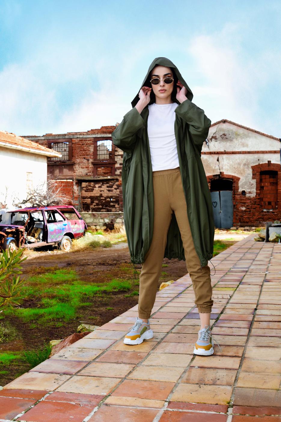 Hijab clothing KHAKI OVERSIZE SMOCKED-HEM TRENCH-COAT 60044 