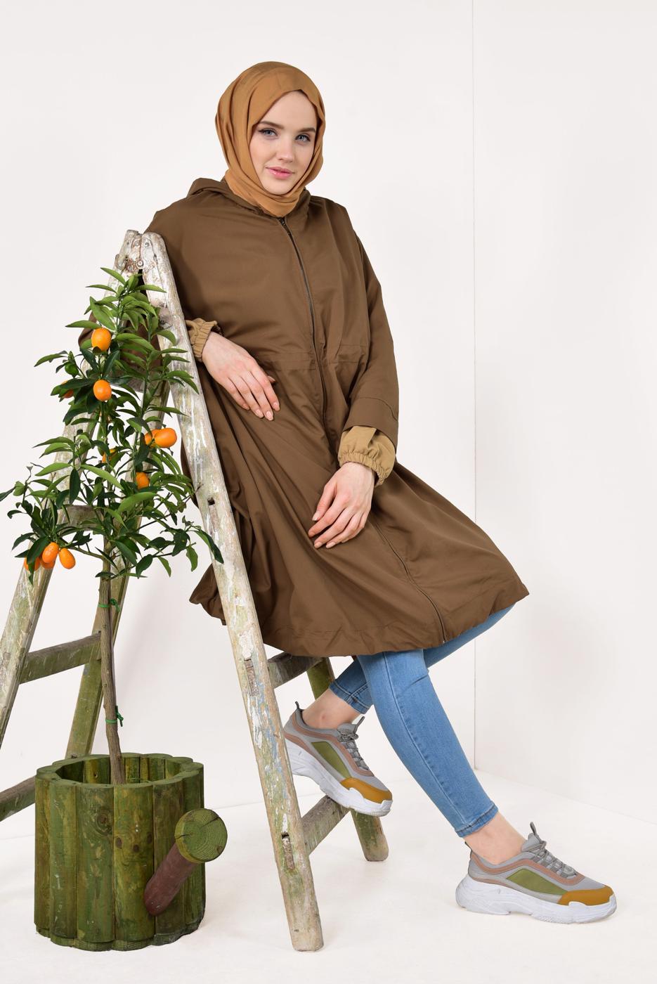 Tesettür giyim TABA ETEK UCU BÜZGÜLÜ OVERSİZE TRENÇKOT 60044 