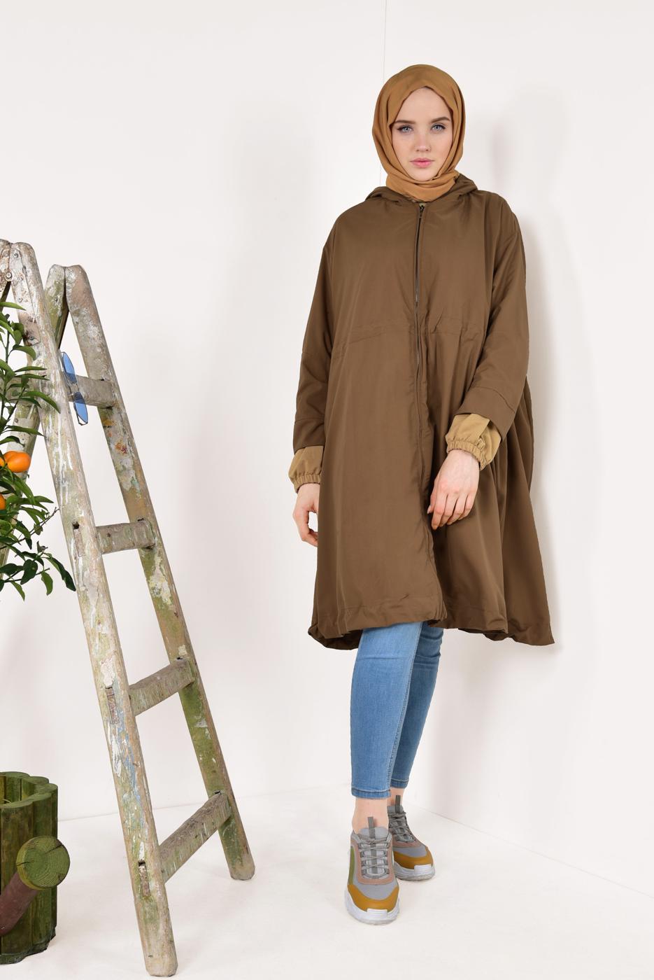 Tesettür giyim TABA ETEK UCU BÜZGÜLÜ OVERSİZE TRENÇKOT 60044 