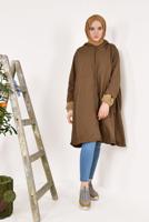 Tesettür giyim TABA ETEK UCU BÜZGÜLÜ OVERSİZE TRENÇKOT 60044 