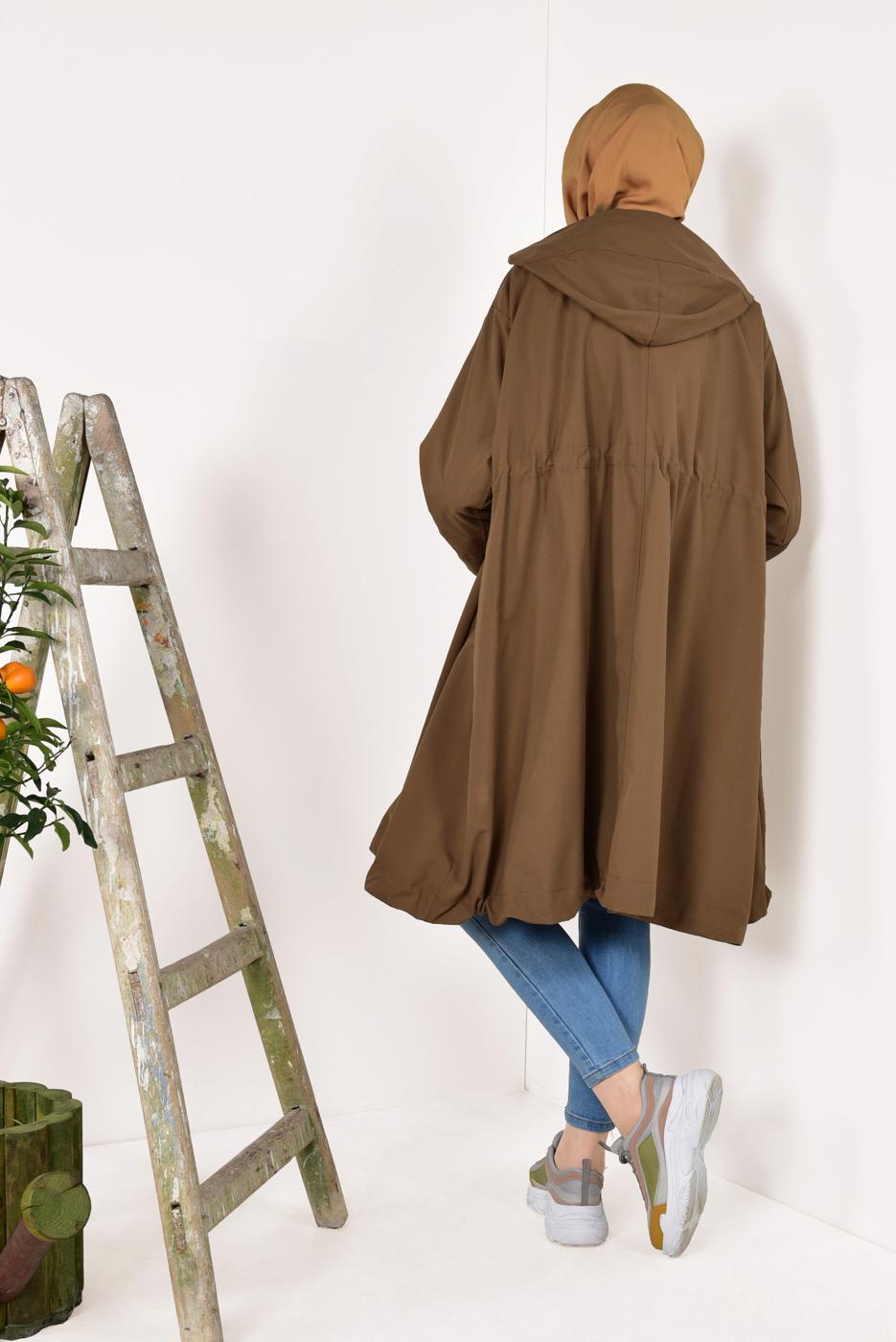 Tesettür giyim TABA ETEK UCU BÜZGÜLÜ OVERSİZE TRENÇKOT 60044 