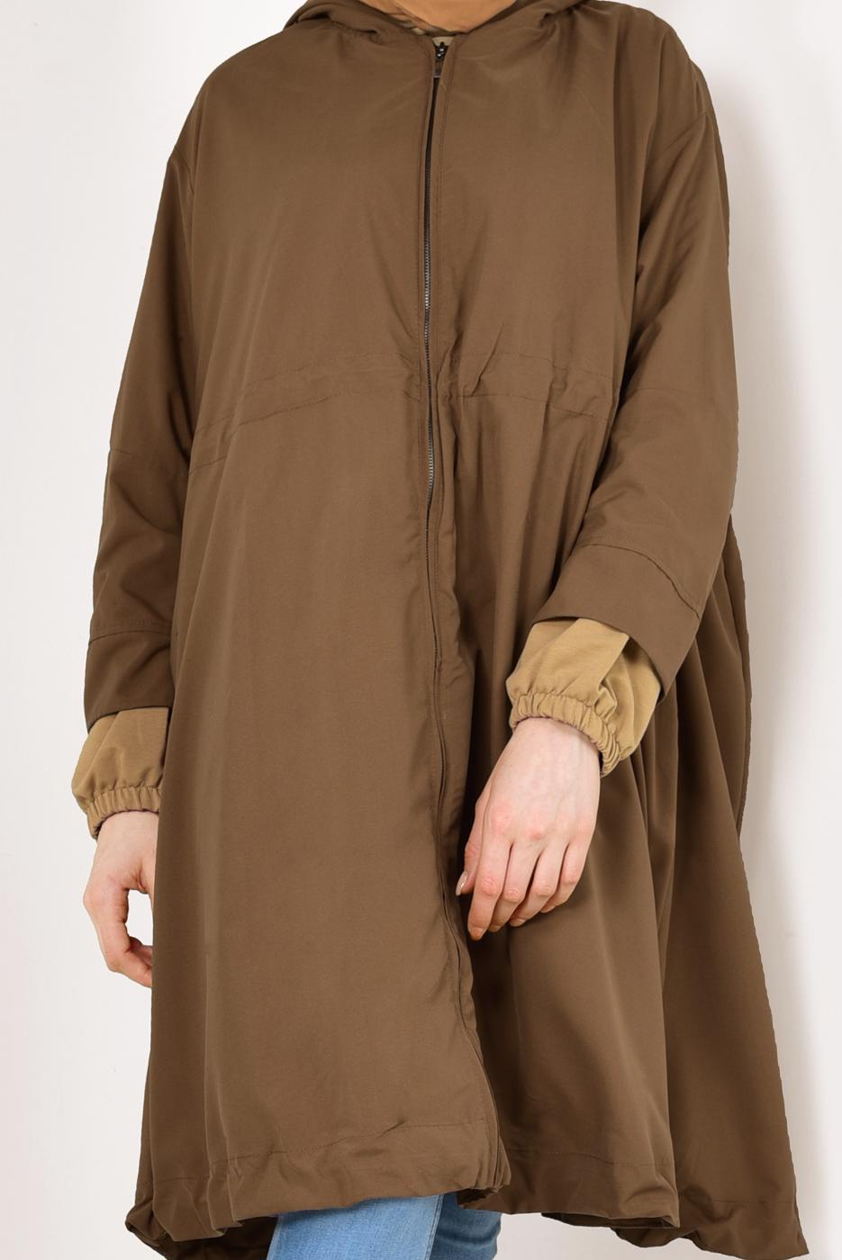 Tesettür giyim TABA ETEK UCU BÜZGÜLÜ OVERSİZE TRENÇKOT 60044 