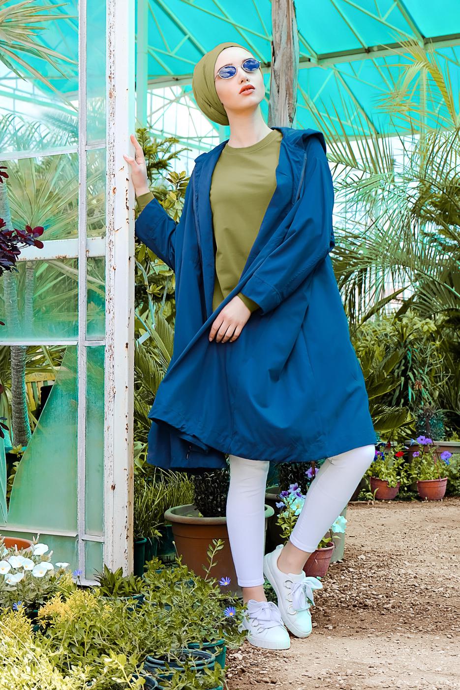 Tesettür giyim LACİVERT ETEK UCU BÜZGÜLÜ OVERSİZE TRENÇKOT 60044 