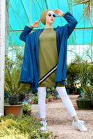 Tesettür giyim LACİVERT ETEK UCU BÜZGÜLÜ OVERSİZE TRENÇKOT 60044 