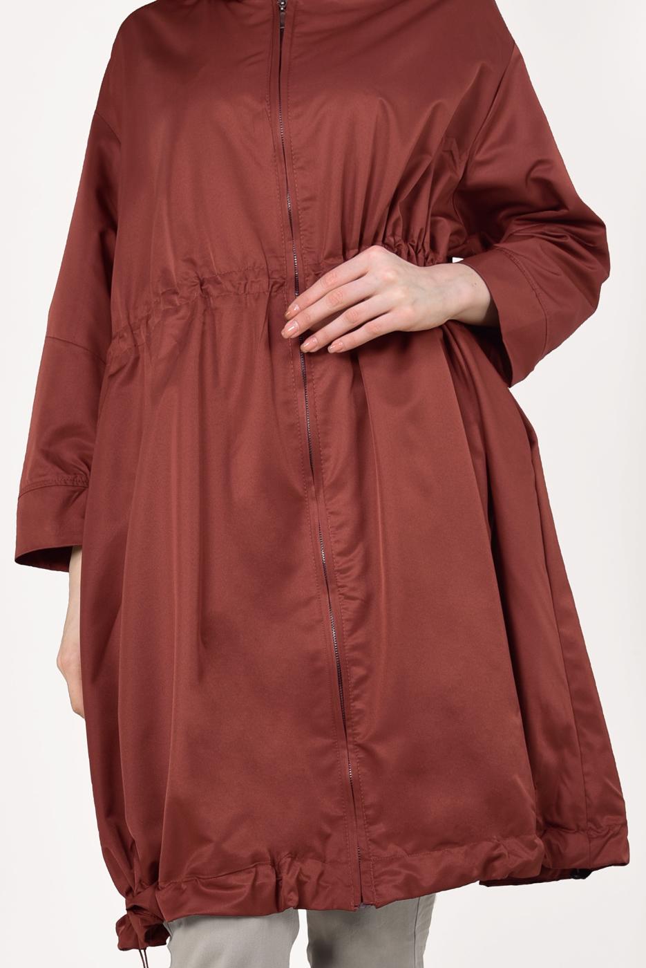 Tesettür giyim KAHVE ETEK UCU BÜZGÜLÜ OVERSİZE TRENÇKOT 60044 