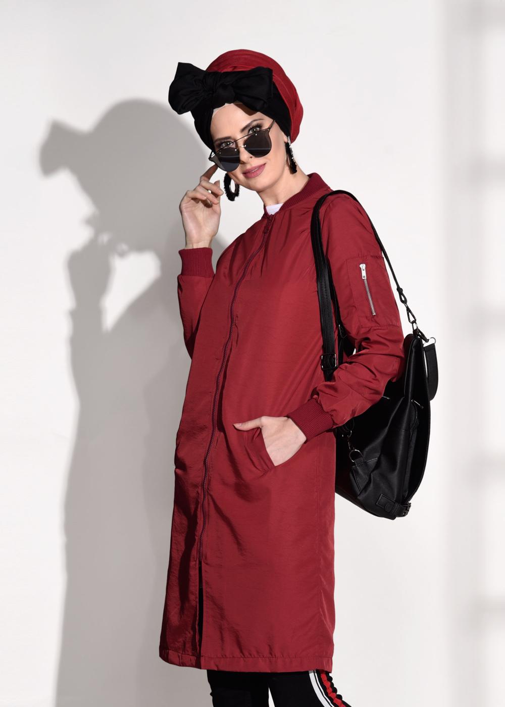 Vêtements hijab ROUGE BORDEAUX TRENCH-COAT ZIPPÉ 043