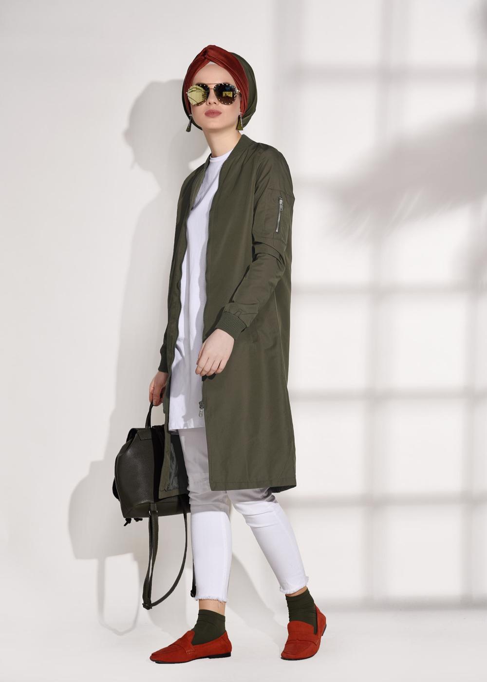 Hijab clothing KHAKI ZIPPED TRENCH-COAT 043 