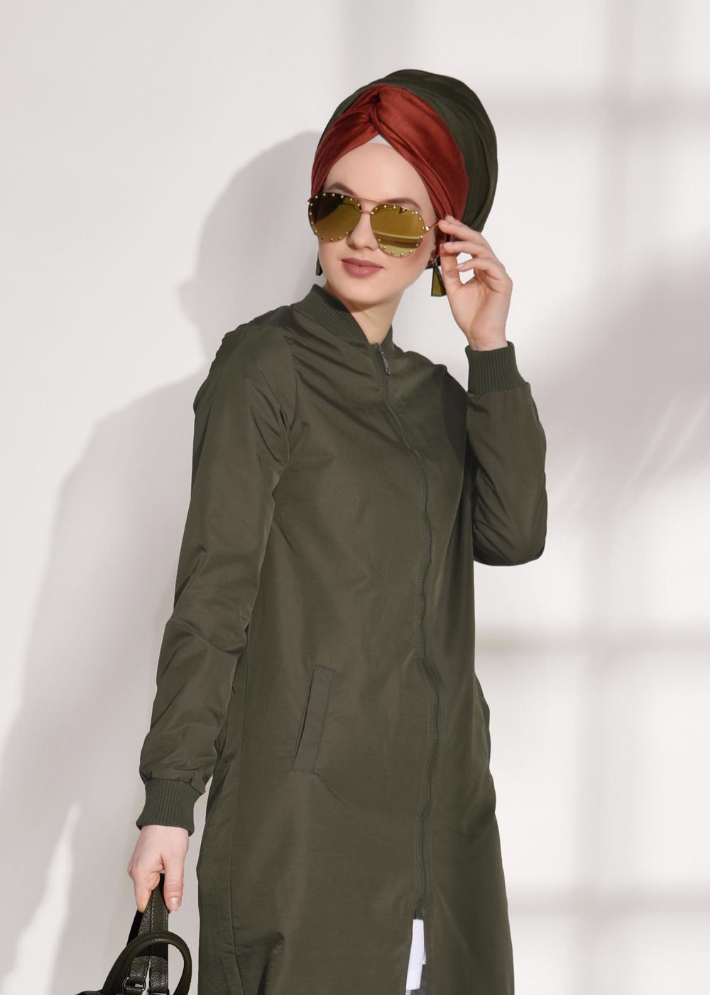 Hijab clothing KHAKI ZIPPED TRENCH-COAT 043 