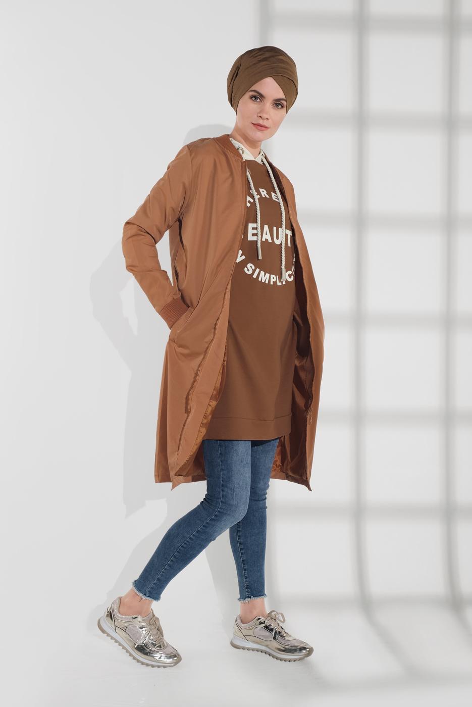 Hijab clothing BROWN ZIPPED TRENCH-COAT 043 
