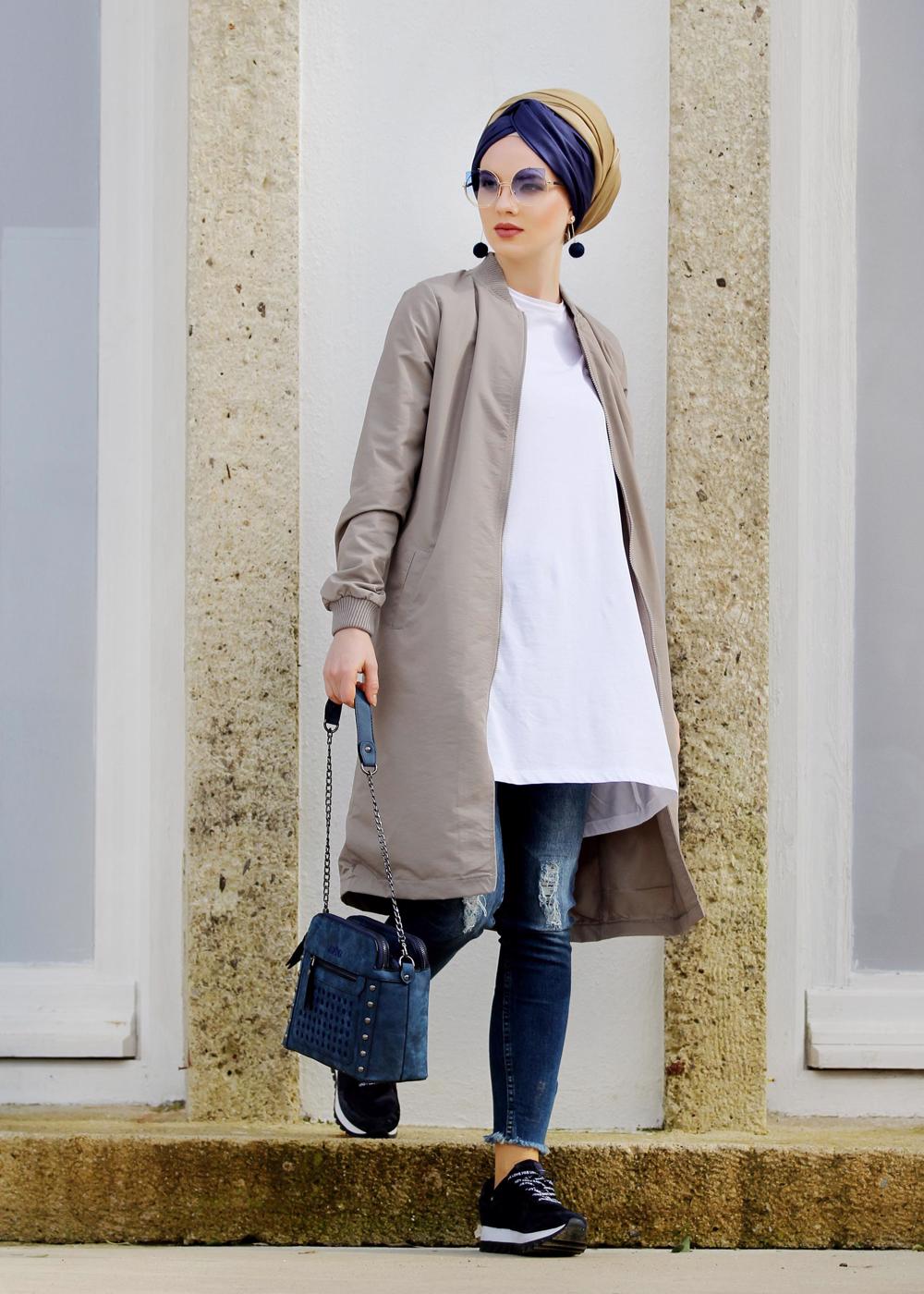 Hijab clothing BEIGE ZIPPED TRENCH-COAT 043 