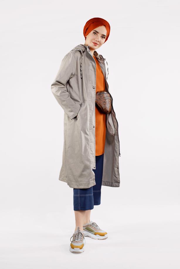 Tesettür giyim BEJ ÖNDEN ÇITÇITLI VE FERMUARLI DENİM TRENÇKOT 630 - TRENDTESETTÜR