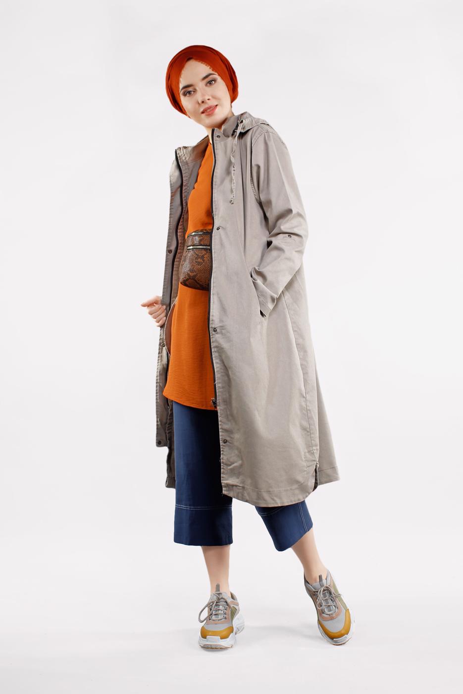 Tesettür giyim BEJ ÖNDEN ÇITÇITLI VE FERMUARLI DENİM TRENÇKOT 630