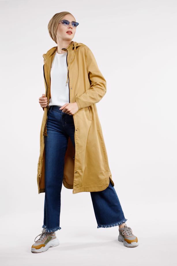 Tesettür giyim TURUNCU ÖNDEN ÇITÇITLI VE FERMUARLI DENİM TRENÇKOT 630 - TRENDTESETTÜR