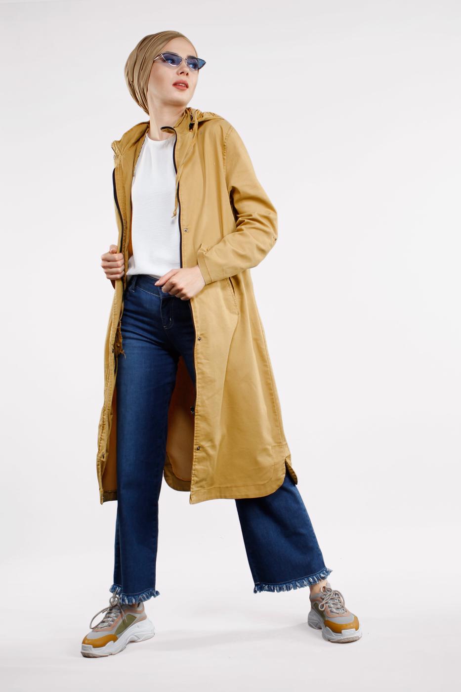 Tesettür giyim TURUNCU ÖNDEN ÇITÇITLI VE FERMUARLI DENİM TRENÇKOT 630