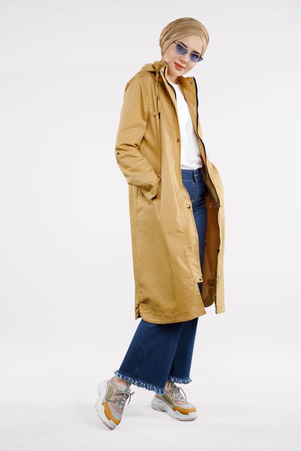 Tesettür giyim TURUNCU ÖNDEN ÇITÇITLI VE FERMUARLI DENİM TRENÇKOT 630 - TRENDTESETTÜR