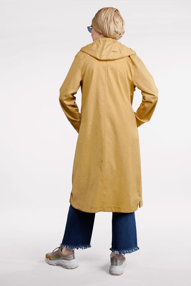 Tesettür giyim TURUNCU ÖNDEN ÇITÇITLI VE FERMUARLI DENİM TRENÇKOT 630 - TRENDTESETTÜR