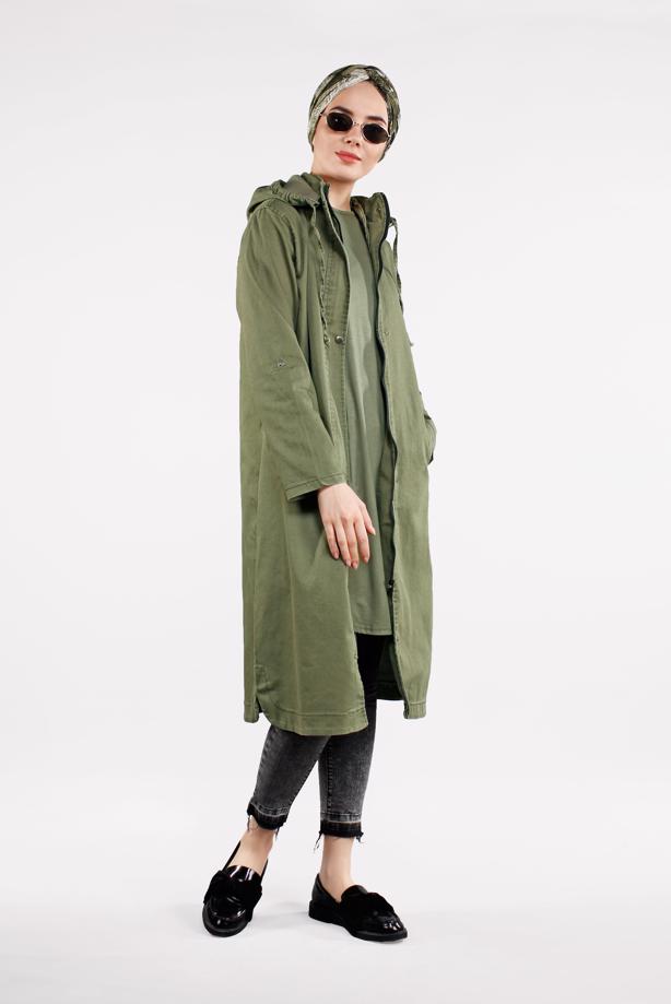 Tesettür giyim HAKİ ÖNDEN ÇITÇITLI VE FERMUARLI DENİM TRENÇKOT 630 - TRENDTESETTÜR