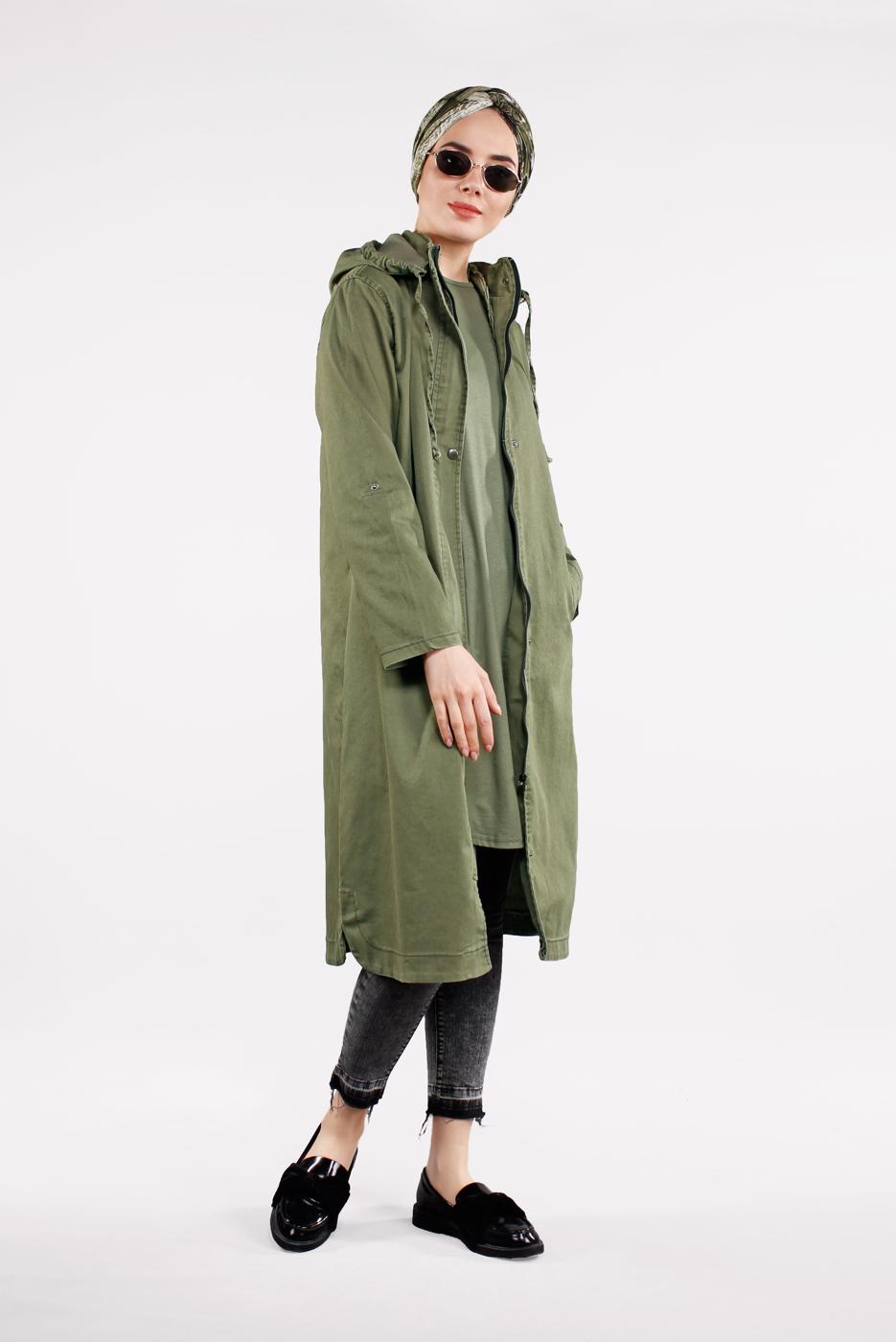 Tesettür giyim HAKİ ÖNDEN ÇITÇITLI VE FERMUARLI DENİM TRENÇKOT 630