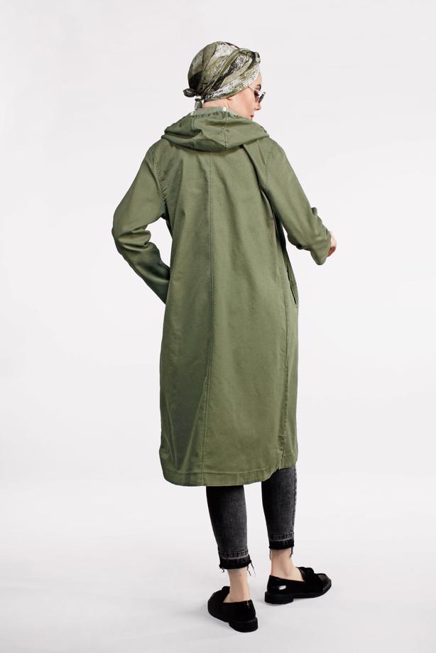 Tesettür giyim HAKİ ÖNDEN ÇITÇITLI VE FERMUARLI DENİM TRENÇKOT 630 - TRENDTESETTÜR