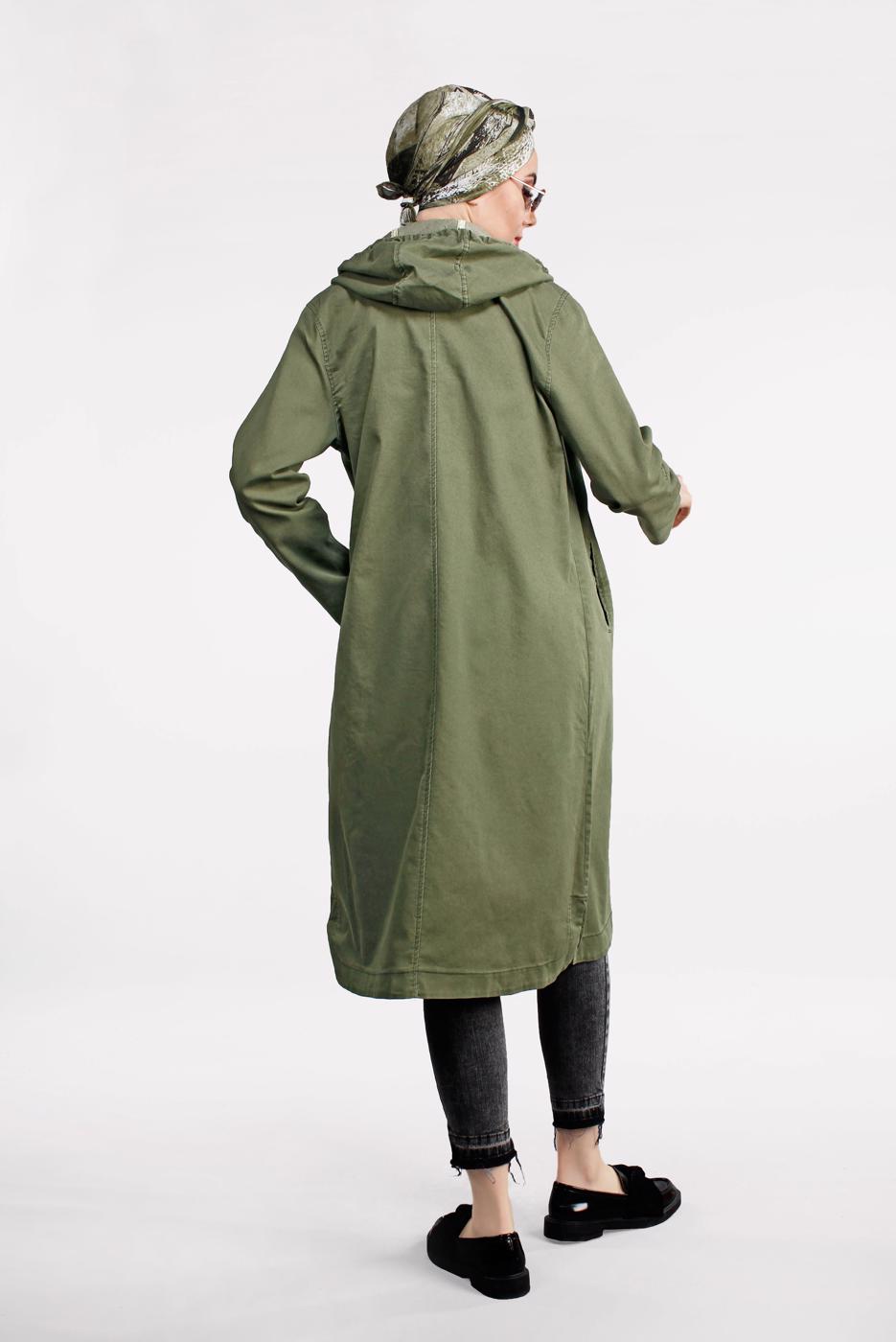 Tesettür giyim HAKİ ÖNDEN ÇITÇITLI VE FERMUARLI DENİM TRENÇKOT 630