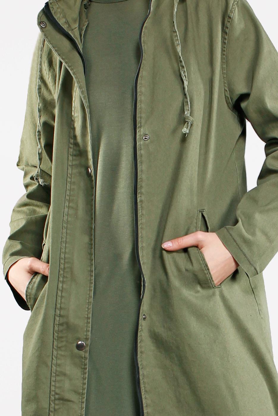 Tesettür giyim HAKİ ÖNDEN ÇITÇITLI VE FERMUARLI DENİM TRENÇKOT 630