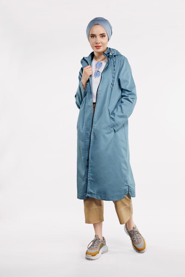 Tesettür giyim MAVİ ÖNDEN ÇITÇITLI VE FERMUARLI DENİM TRENÇKOT 630 - TRENDTESETTÜR