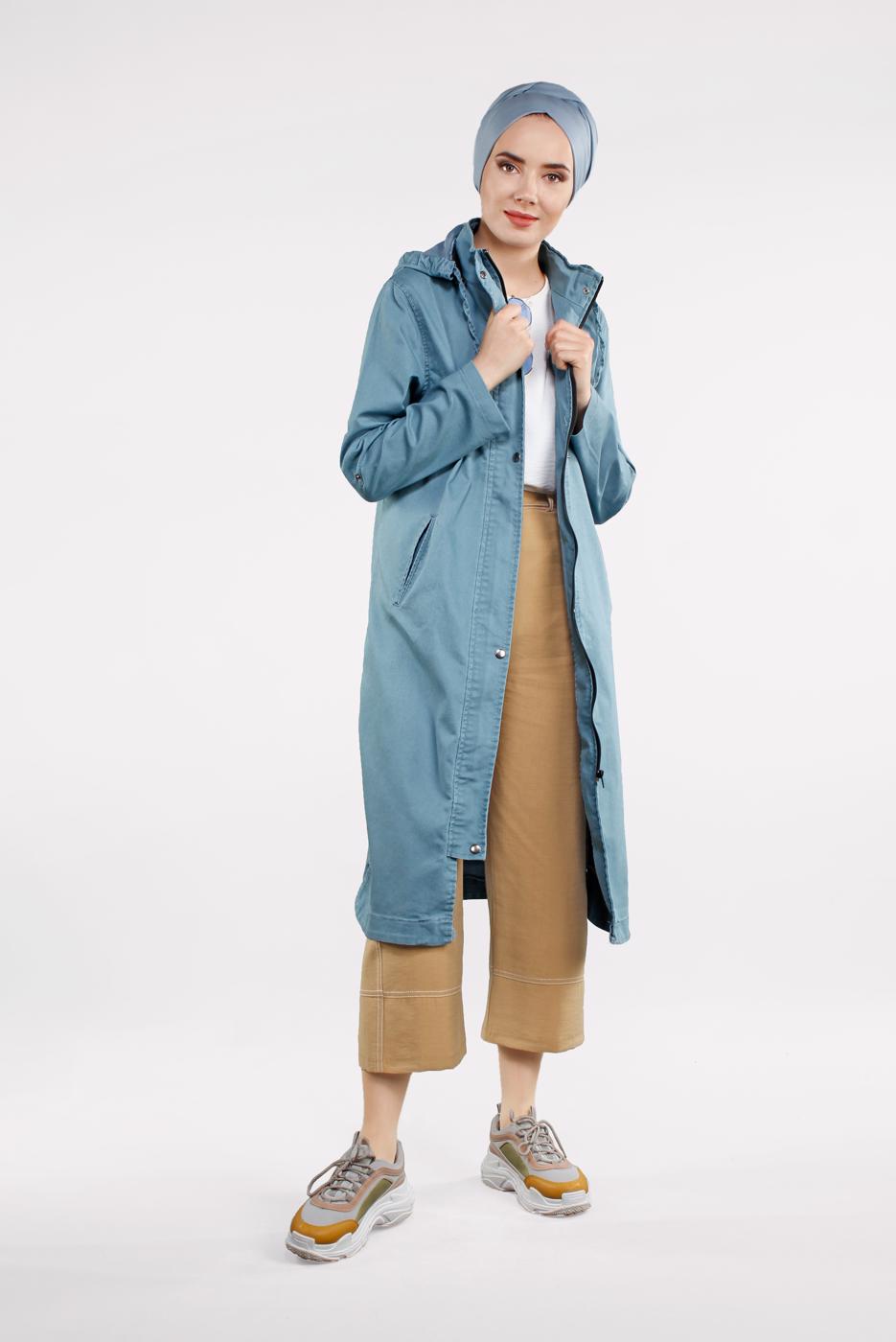 Tesettür giyim MAVİ ÖNDEN ÇITÇITLI VE FERMUARLI DENİM TRENÇKOT 630