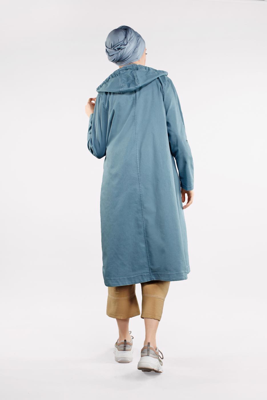 Tesettür giyim MAVİ ÖNDEN ÇITÇITLI VE FERMUARLI DENİM TRENÇKOT 630