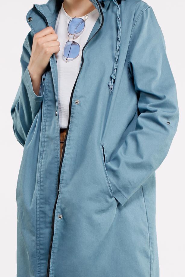 Tesettür giyim MAVİ ÖNDEN ÇITÇITLI VE FERMUARLI DENİM TRENÇKOT 630 - TRENDTESETTÜR