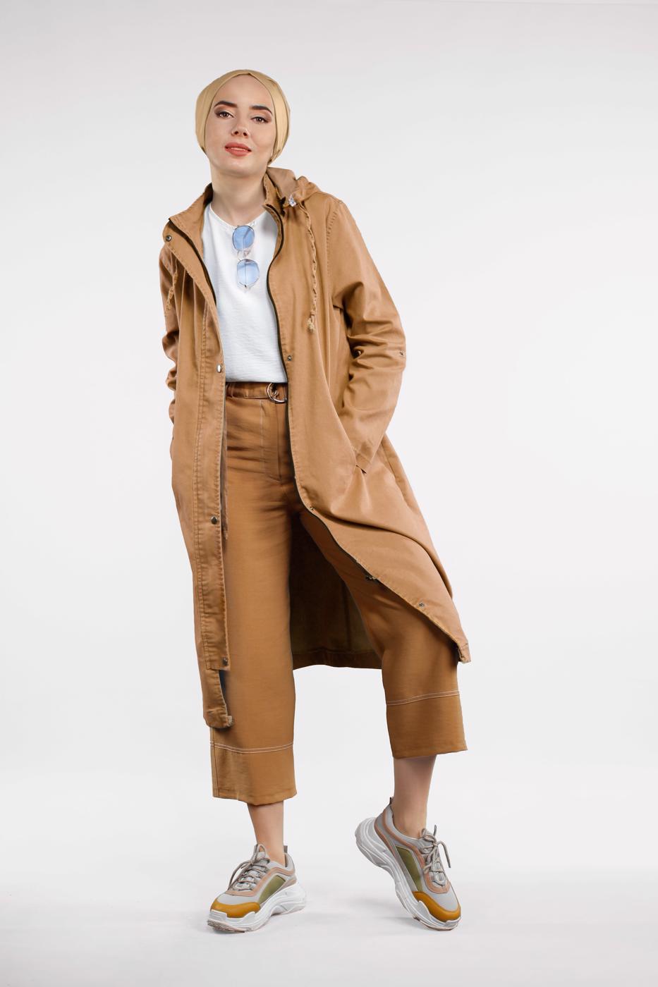 Tesettür giyim KAHVE ÖNDEN ÇITÇITLI VE FERMUARLI DENİM TRENÇKOT 630