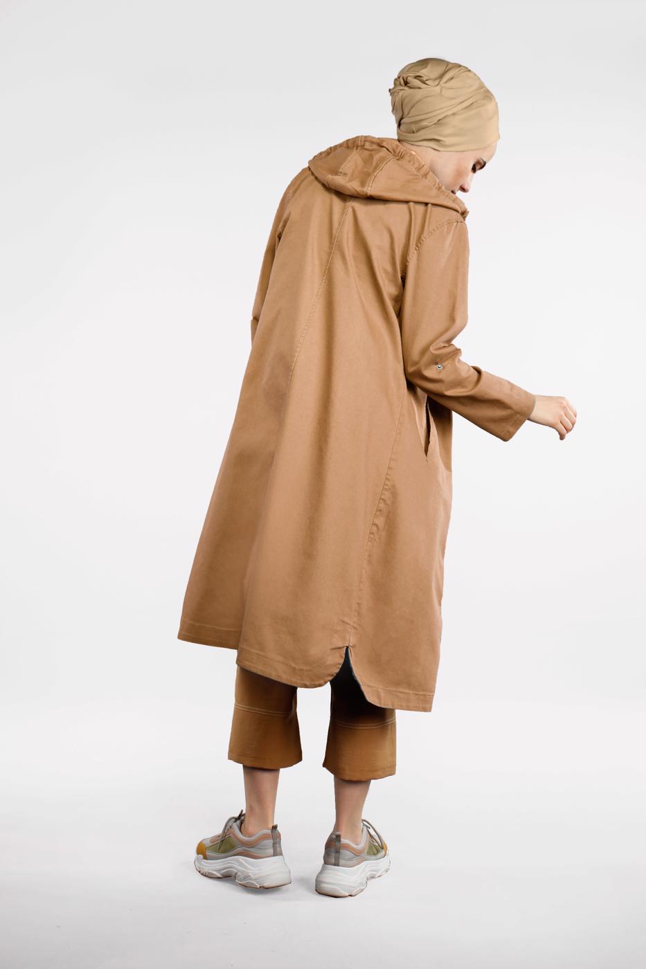 Tesettür giyim KAHVE ÖNDEN ÇITÇITLI VE FERMUARLI DENİM TRENÇKOT 630