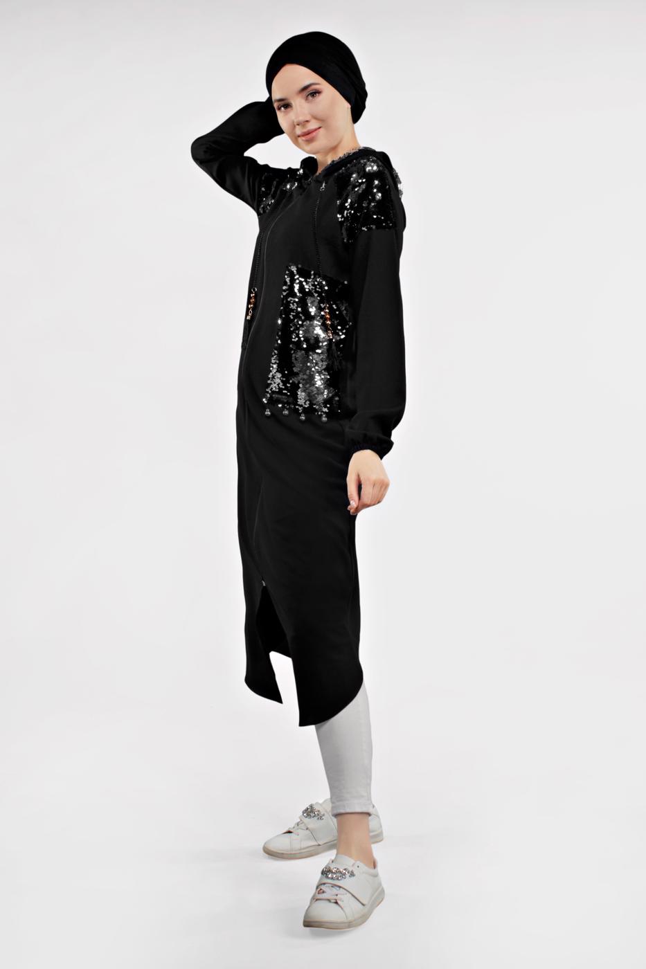 Hijab clothing BLACK SEQUINNED TRENCH-COAT 651 