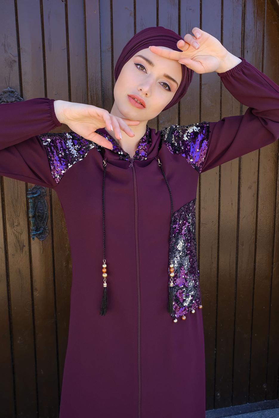 Tesettür giyim MÜRDÜM PUL PAYETLİ TRENÇKOT 651