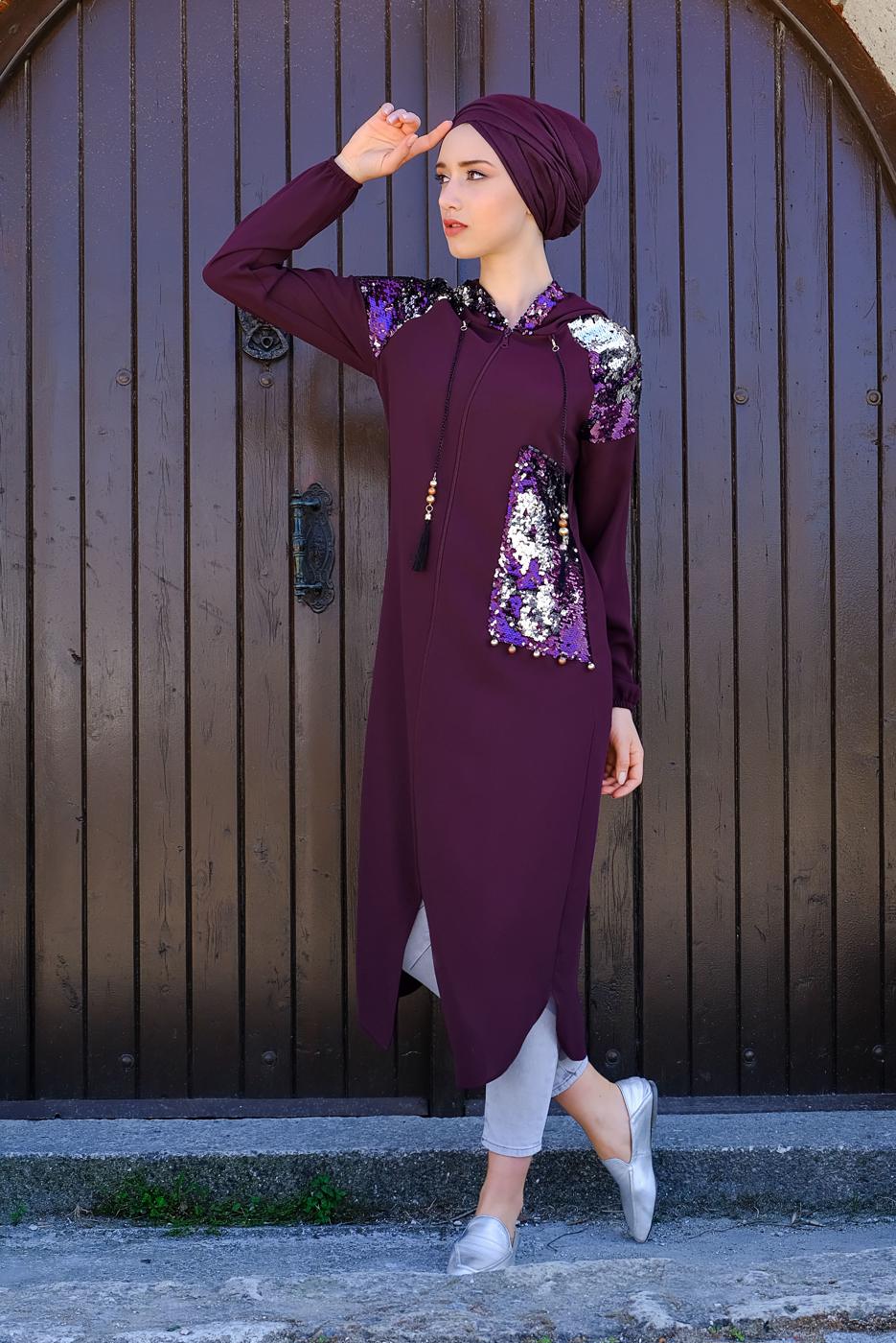 Tesettür giyim MÜRDÜM PUL PAYETLİ TRENÇKOT 651