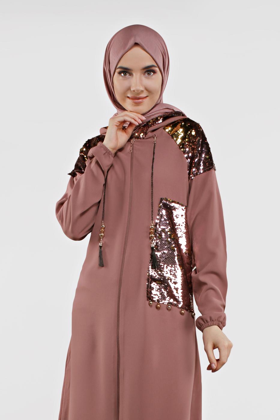 Tesettür giyim PEMBE PUL PAYETLİ TRENÇKOT 651