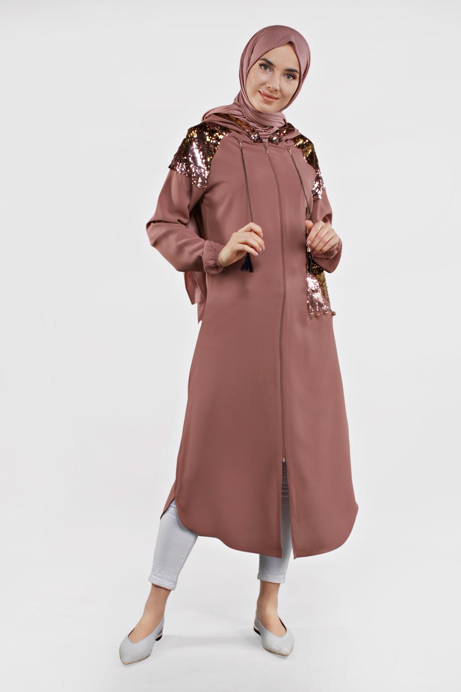 Tesettür giyim PEMBE PUL PAYETLİ TRENÇKOT 651