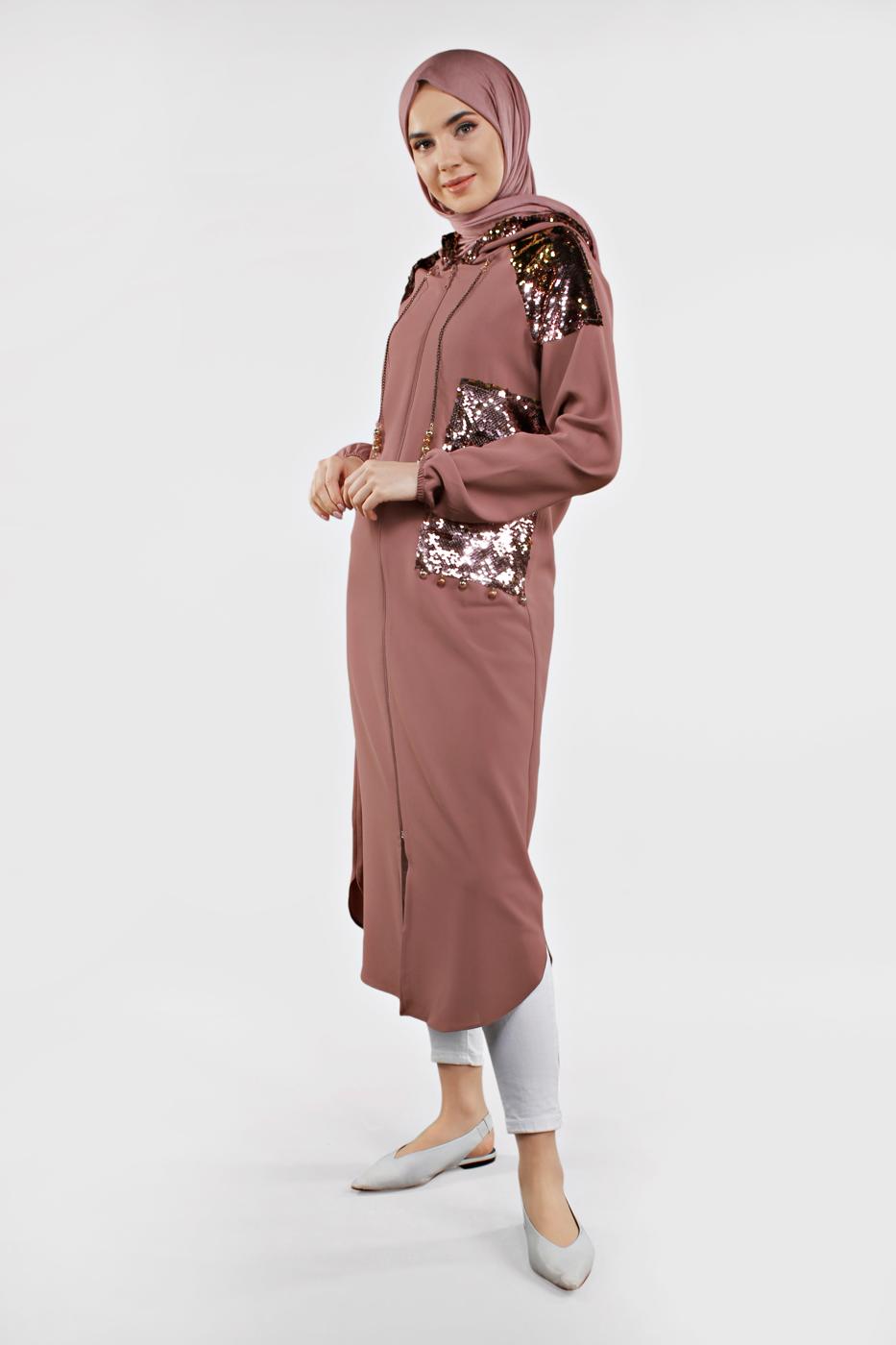 Tesettür giyim PEMBE PUL PAYETLİ TRENÇKOT 651